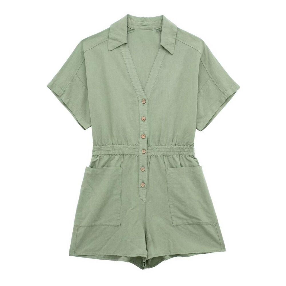 ZARA LINEN BLEND SHIRT STYLE SHORT JUMPSUIT - Picture 6 of 6